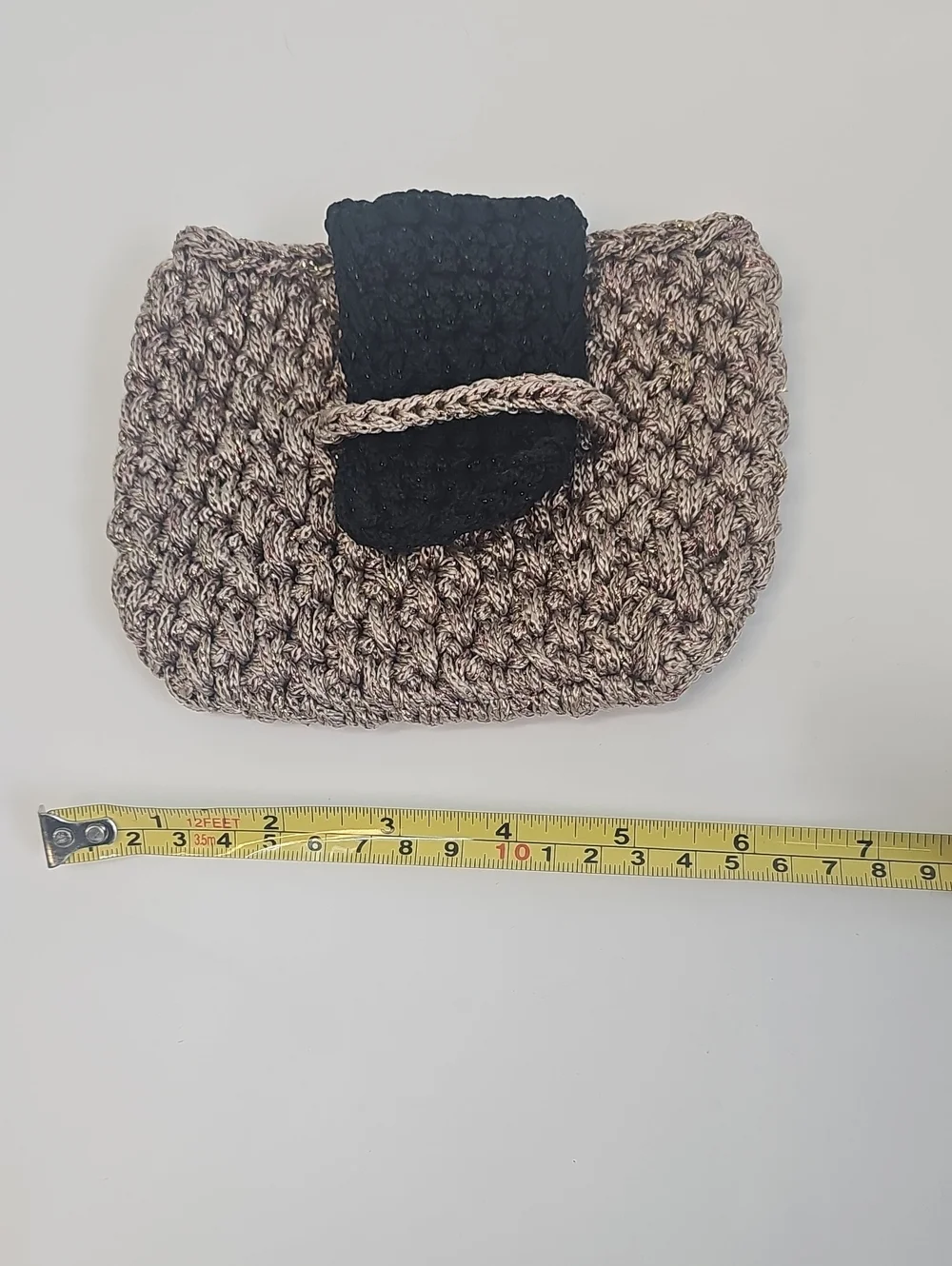 Hand Knit Mini Clutch Purse Gold & Copper Metallic w Brown Flap